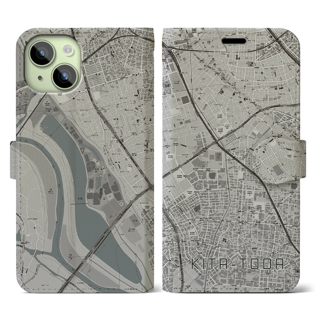 【北戸田(埼玉県)】地図柄iPhoneケース(手帳タイプ)モノトーン・iPhone 15 用