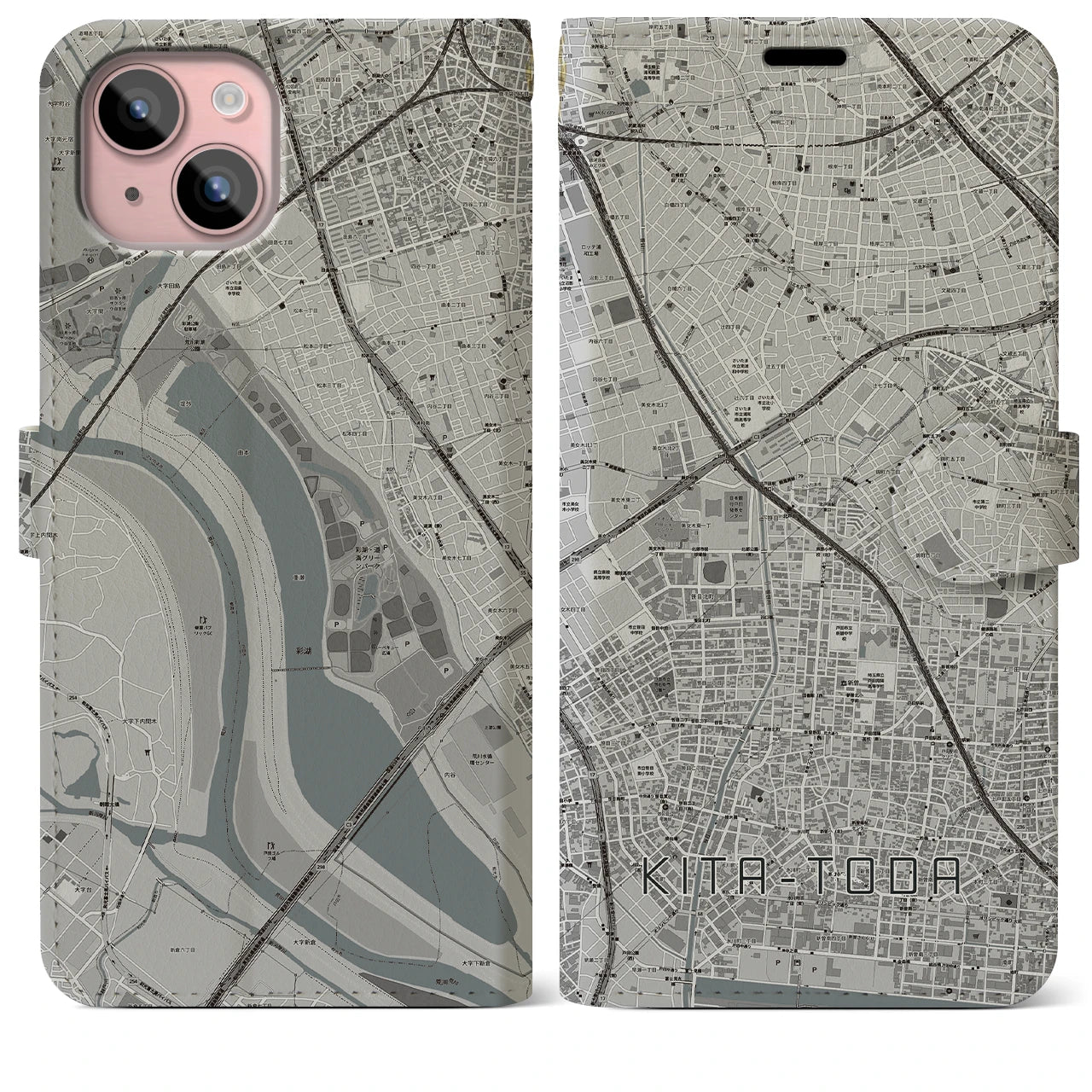 【北戸田(埼玉県)】地図柄iPhoneケース(手帳タイプ)モノトーン・iPhone 15 Plus 用