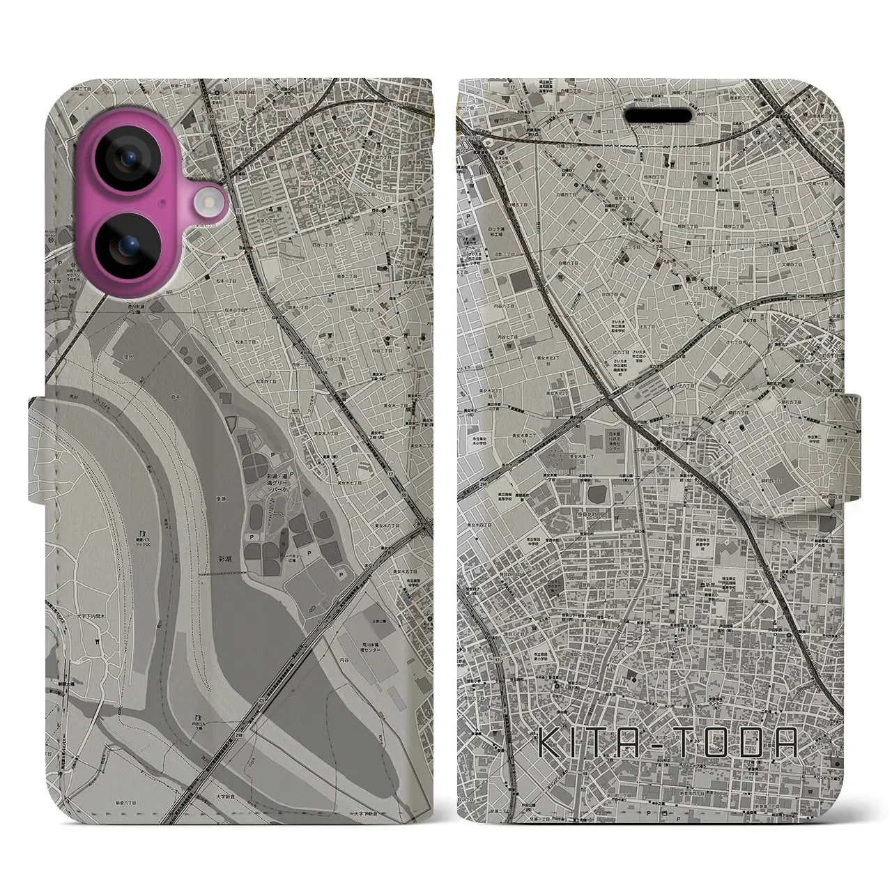 【北戸田(埼玉県)】地図柄iPhoneケース(手帳タイプ)モノトーン・iPhone 16 Pro 用