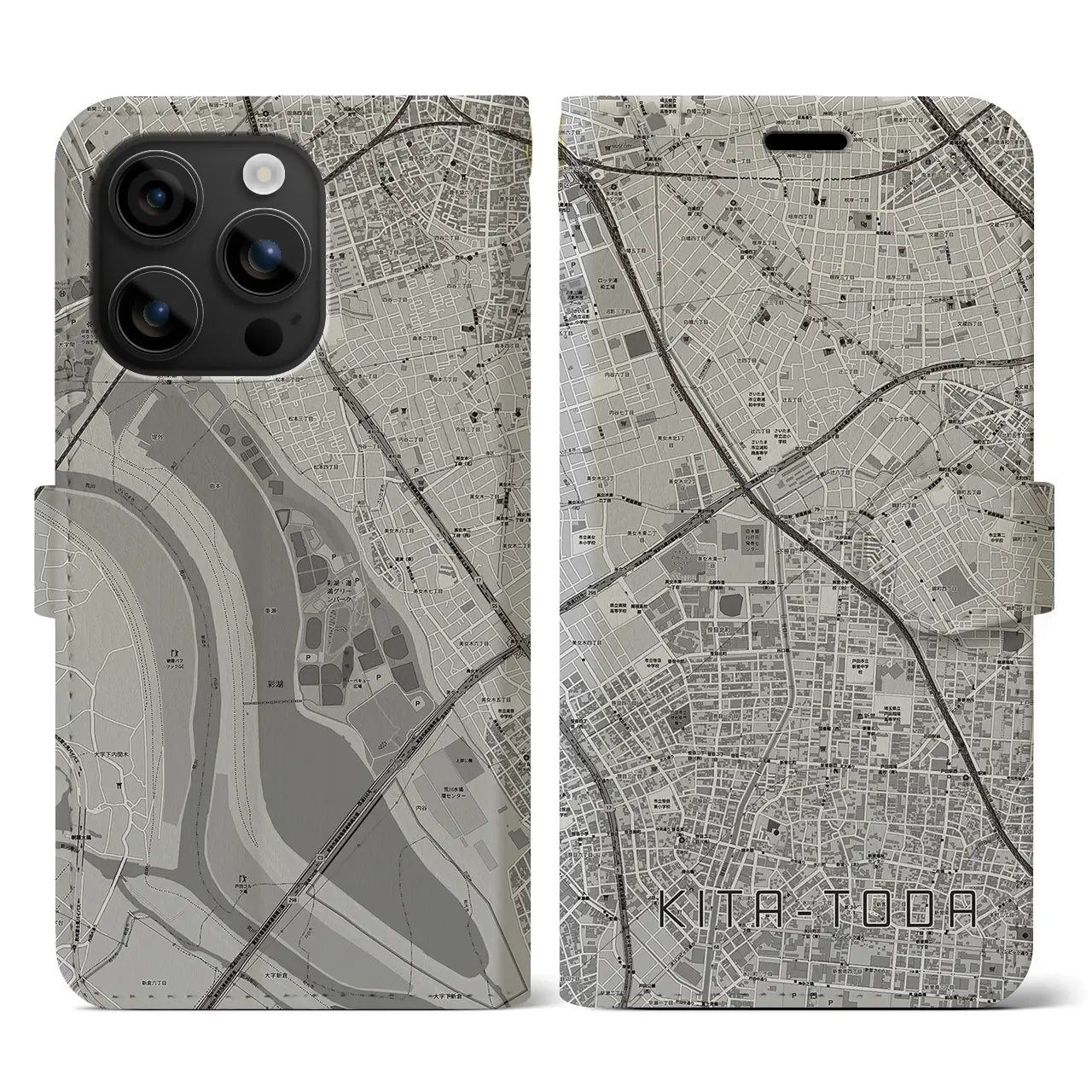 【北戸田(埼玉県)】地図柄iPhoneケース(手帳タイプ)モノトーン・iPhone 16 用