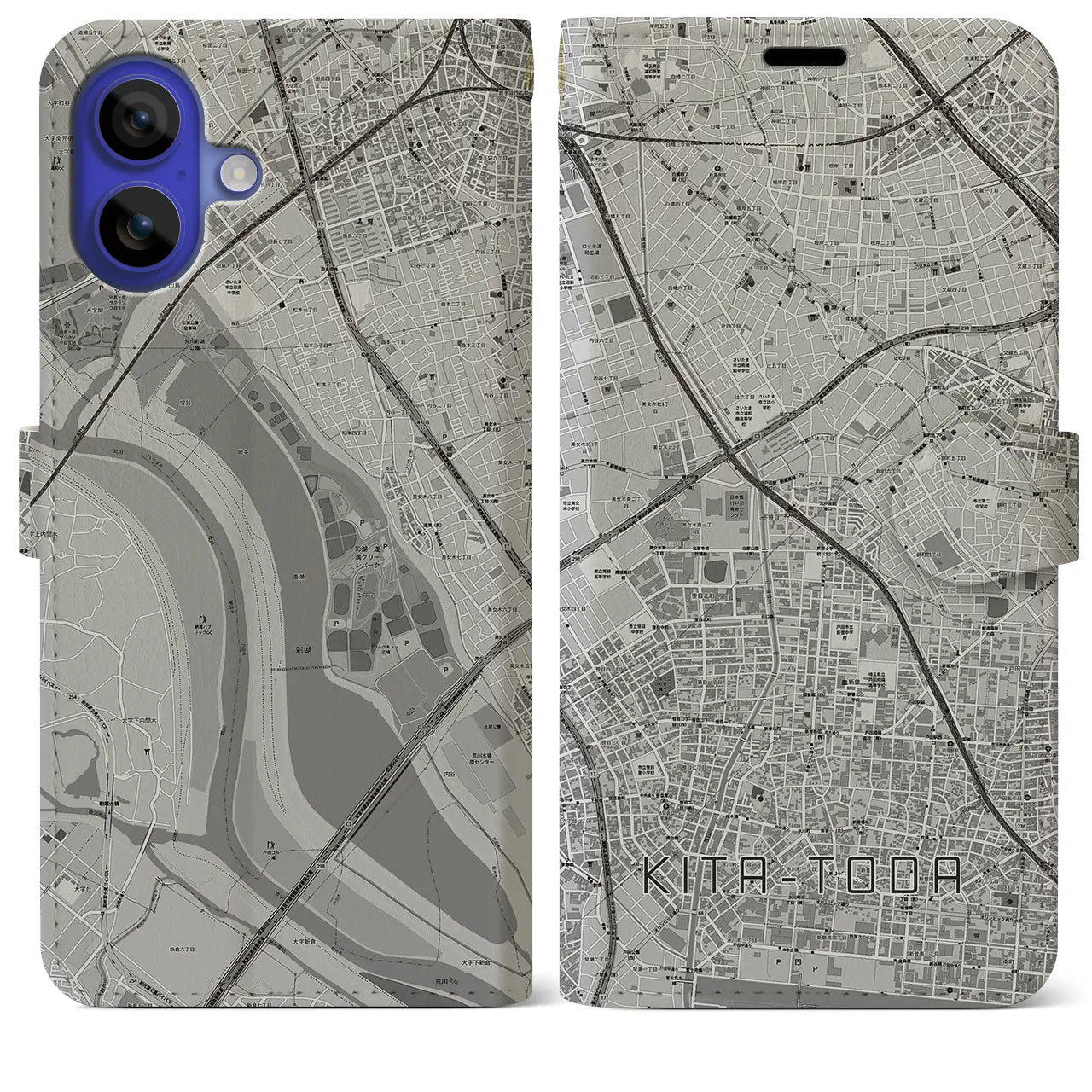 【北戸田(埼玉県)】地図柄iPhoneケース(手帳タイプ)モノトーン・iPhone 16 Pro Max 用