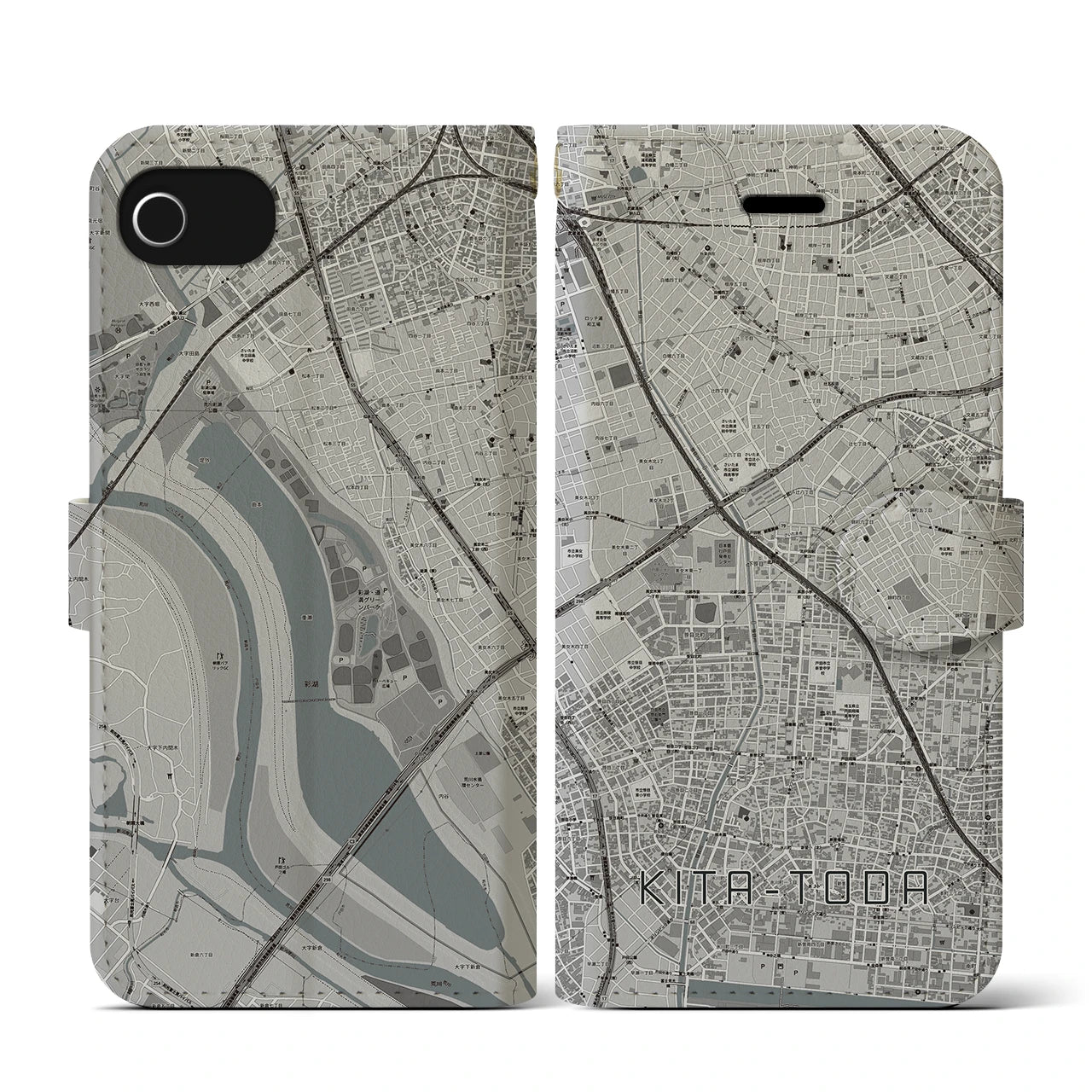 【北戸田(埼玉県)】地図柄iPhoneケース(手帳タイプ)モノトーン・iPhone SE(第3 / 第2世代) / 8 / 7 / 6s / 6 用