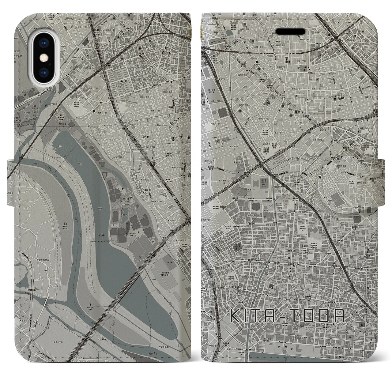 【北戸田(埼玉県)】地図柄iPhoneケース(手帳タイプ)モノトーン・iPhone XS Max 用