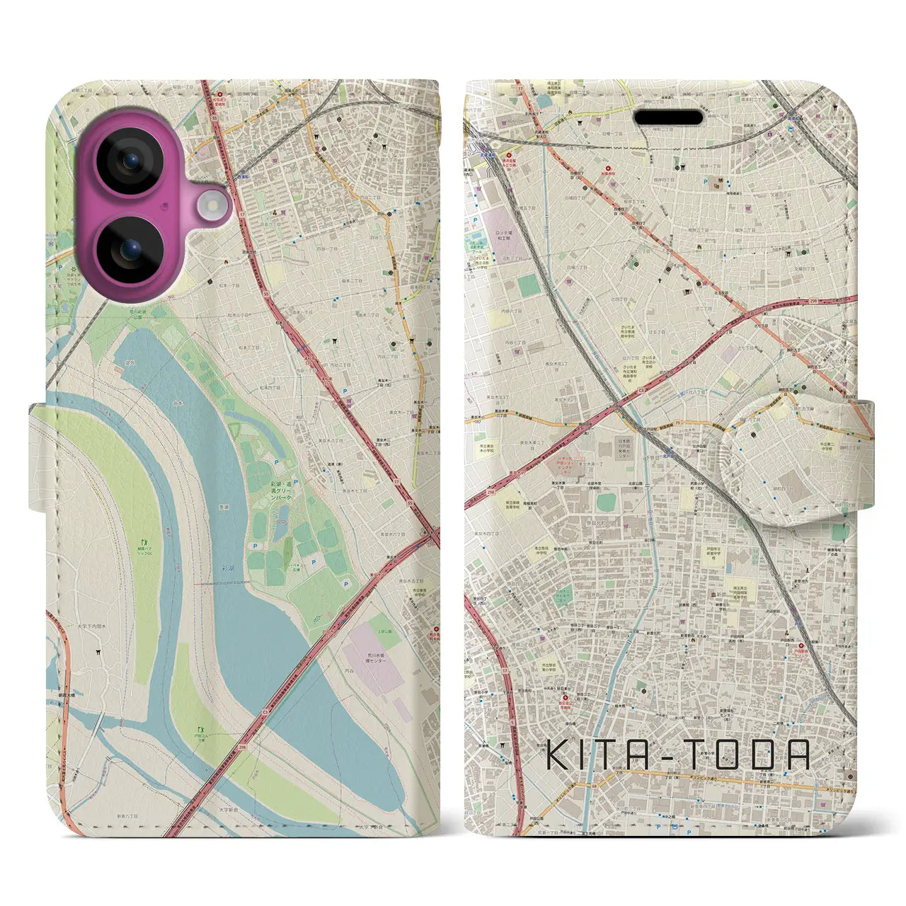 【北戸田(埼玉県)】地図柄iPhoneケース(手帳タイプ)ナチュラル・iPhone 16 Pro 用