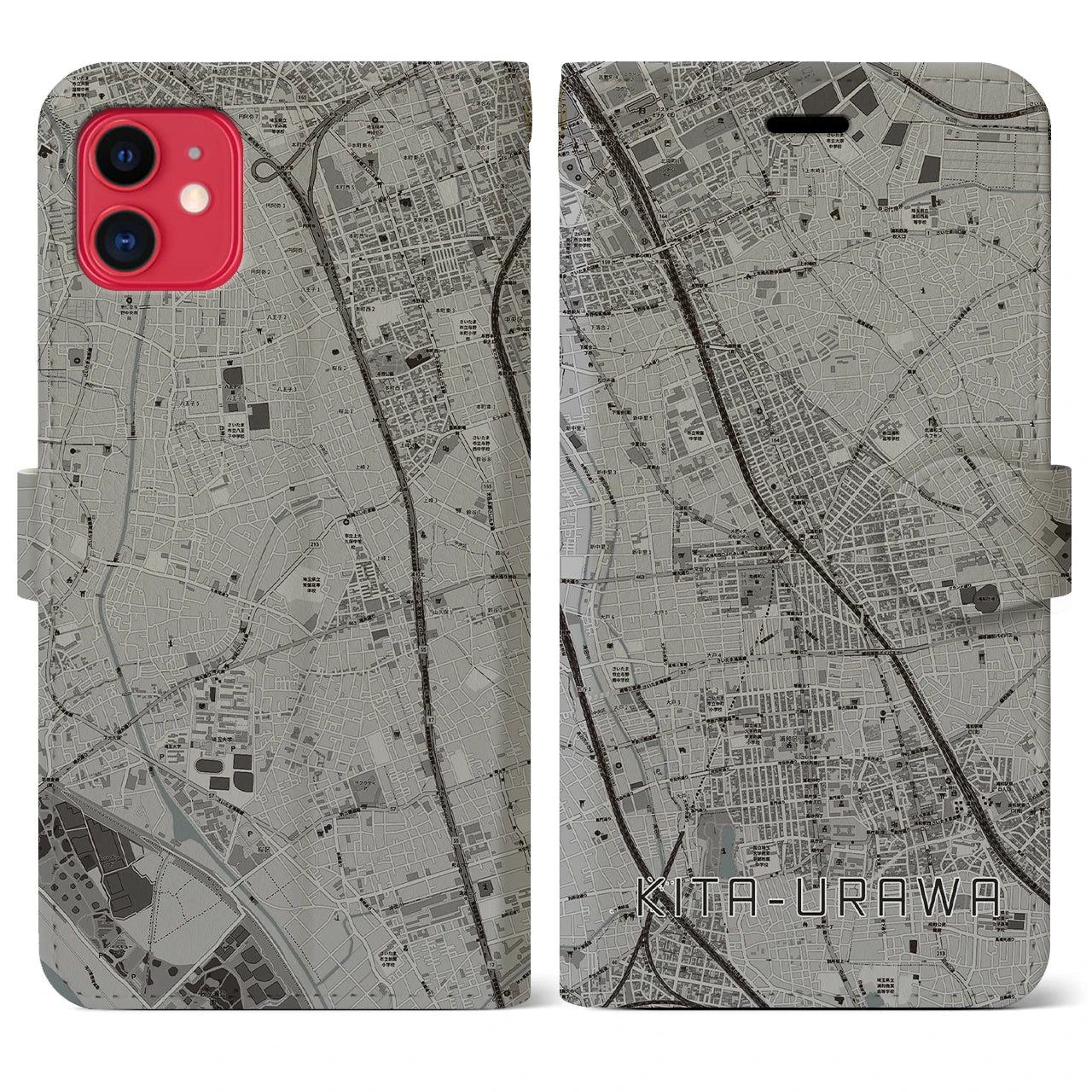 【北浦和(埼玉県)】地図柄iPhoneケース(手帳タイプ)モノトーン・iPhone 11 用