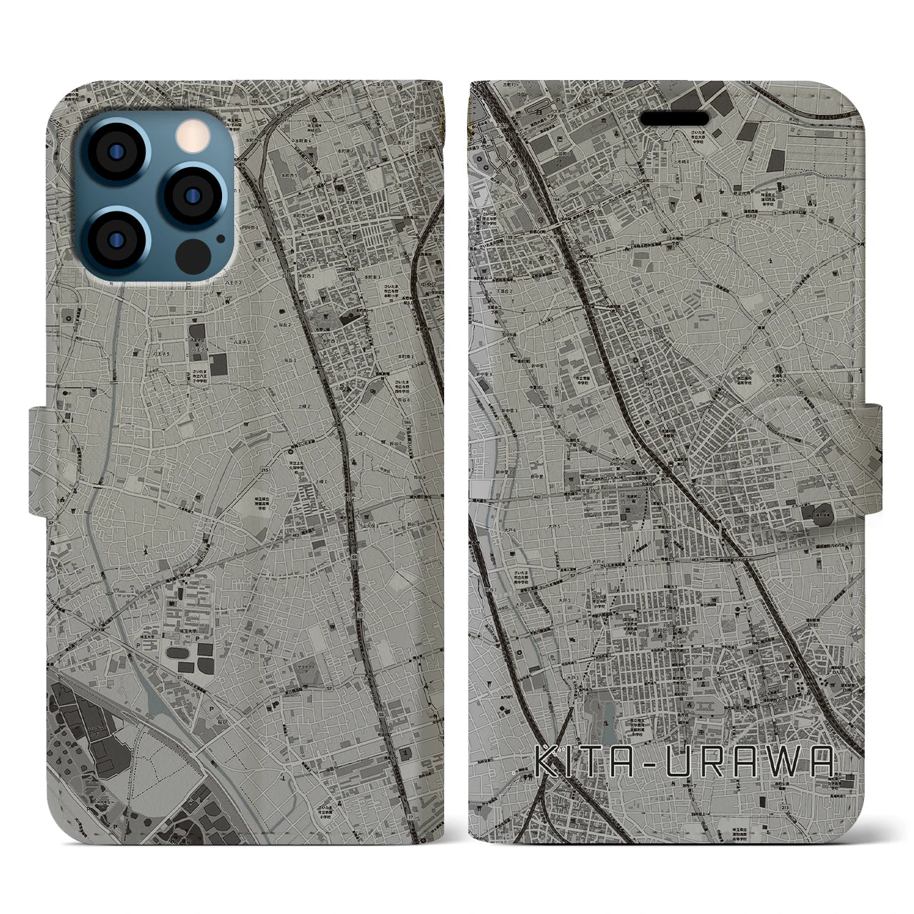 【北浦和(埼玉県)】地図柄iPhoneケース(手帳タイプ)モノトーン・iPhone 12 / 12 Pro 用
