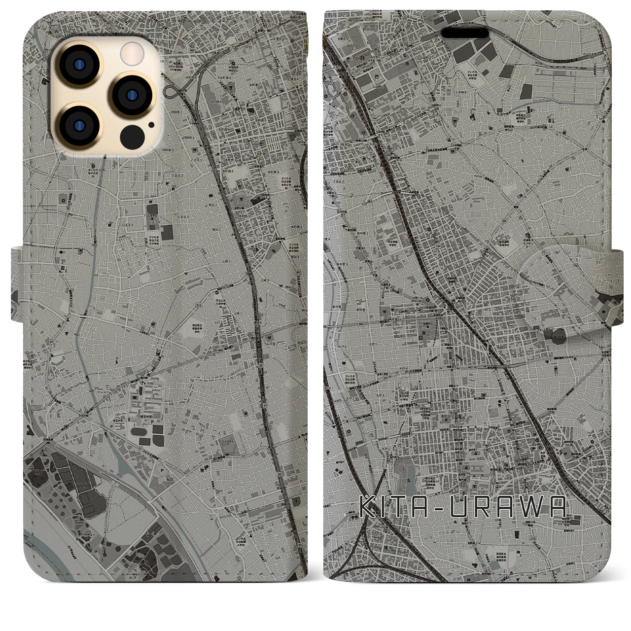 【北浦和(埼玉県)】地図柄iPhoneケース(手帳タイプ)モノトーン・iPhone 12 Pro Max 用