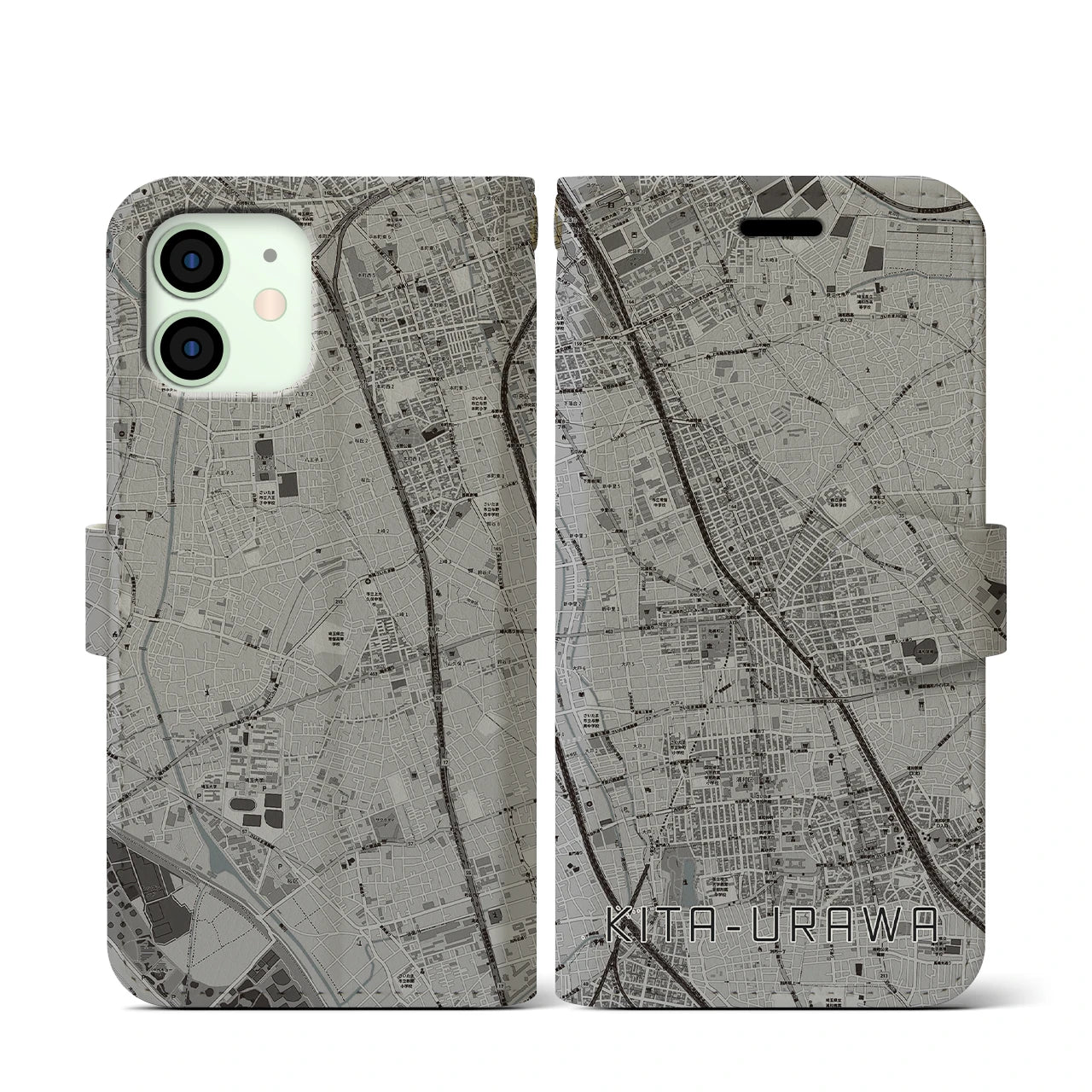 【北浦和(埼玉県)】地図柄iPhoneケース(手帳タイプ)モノトーン・iPhone 12 mini 用