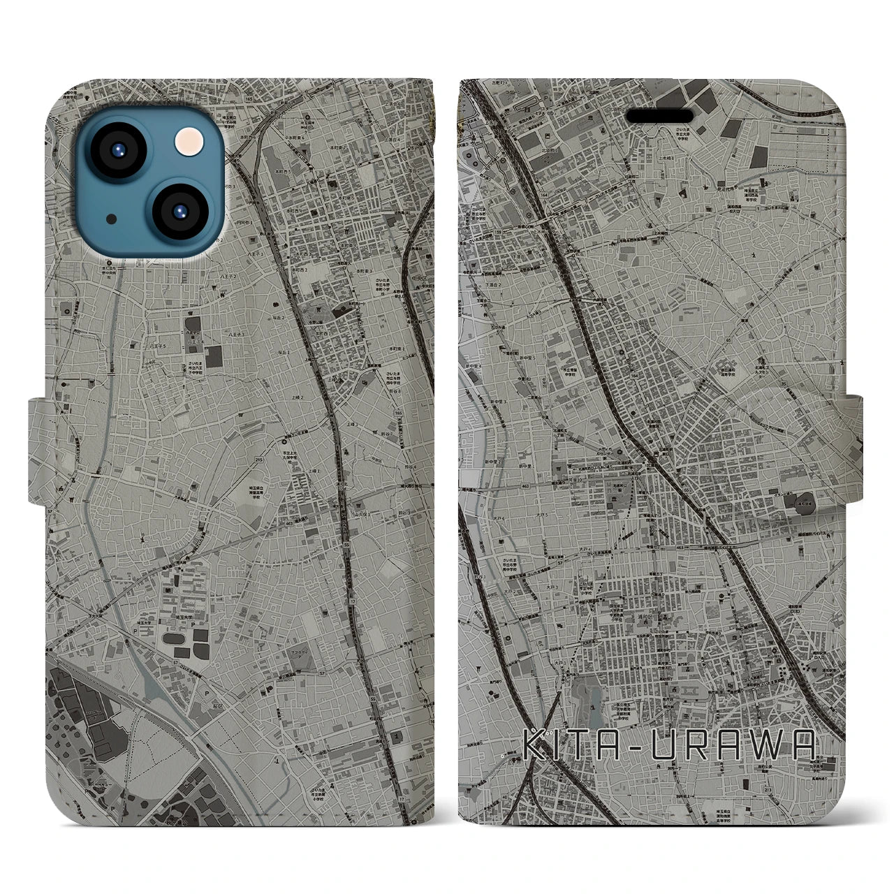 【北浦和(埼玉県)】地図柄iPhoneケース(手帳タイプ)モノトーン・iPhone 13 用