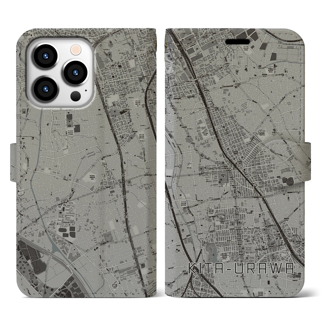 【北浦和(埼玉県)】地図柄iPhoneケース(手帳タイプ)モノトーン・iPhone 13 Pro 用