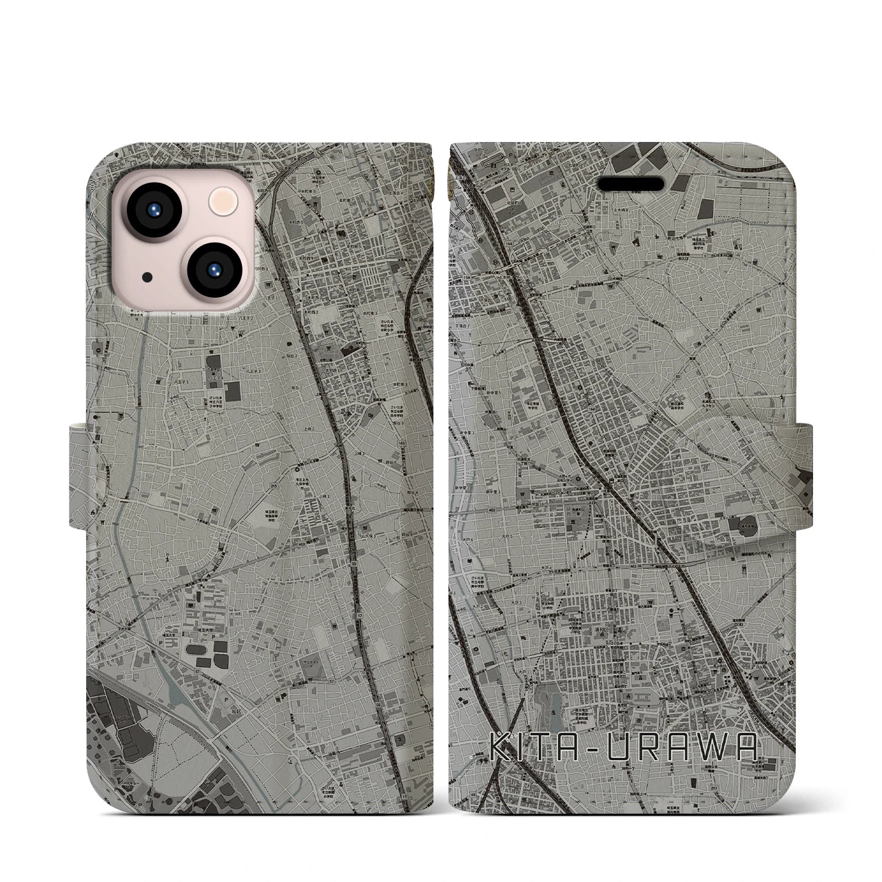 【北浦和(埼玉県)】地図柄iPhoneケース(手帳タイプ)モノトーン・iPhone 13 mini 用