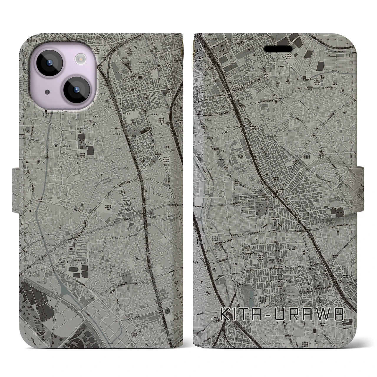 【北浦和(埼玉県)】地図柄iPhoneケース(手帳タイプ)モノトーン・iPhone 14 用