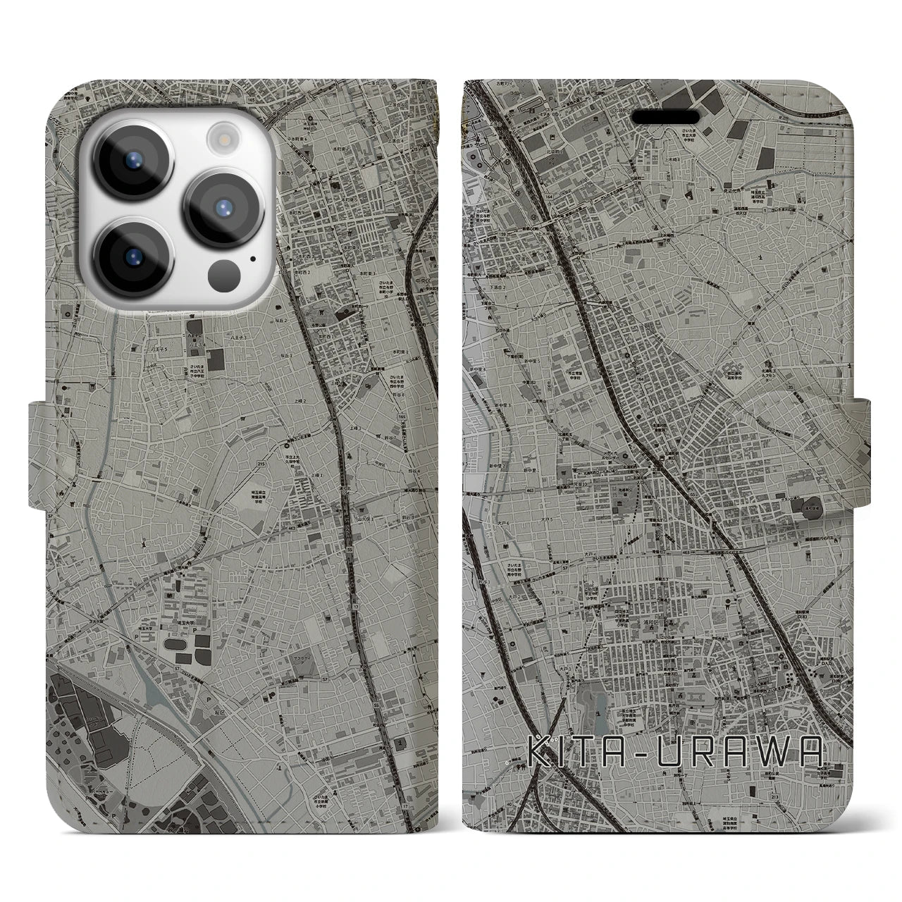【北浦和(埼玉県)】地図柄iPhoneケース(手帳タイプ)モノトーン・iPhone 14 Pro 用