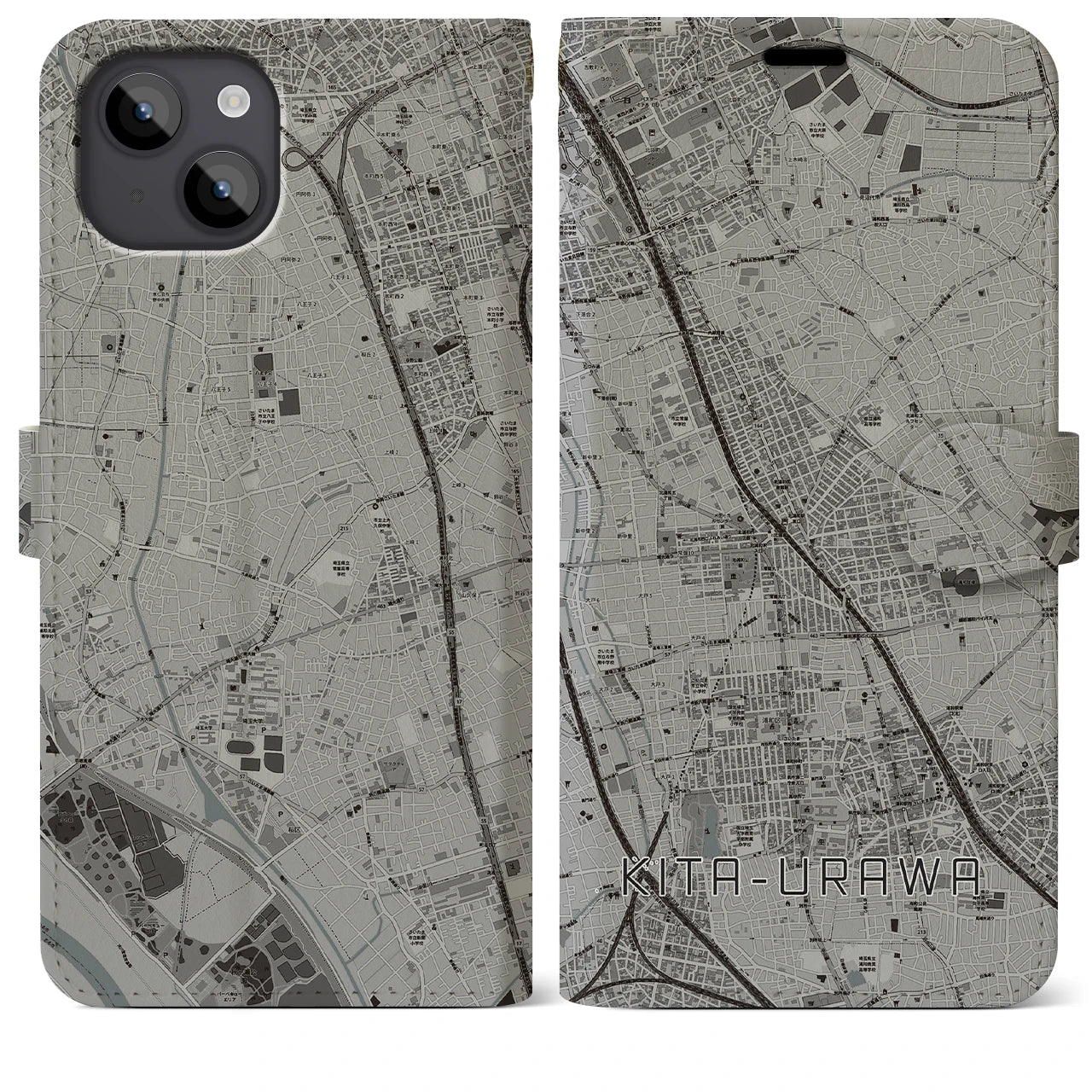 【北浦和(埼玉県)】地図柄iPhoneケース(手帳タイプ)モノトーン・iPhone 14 Plus 用