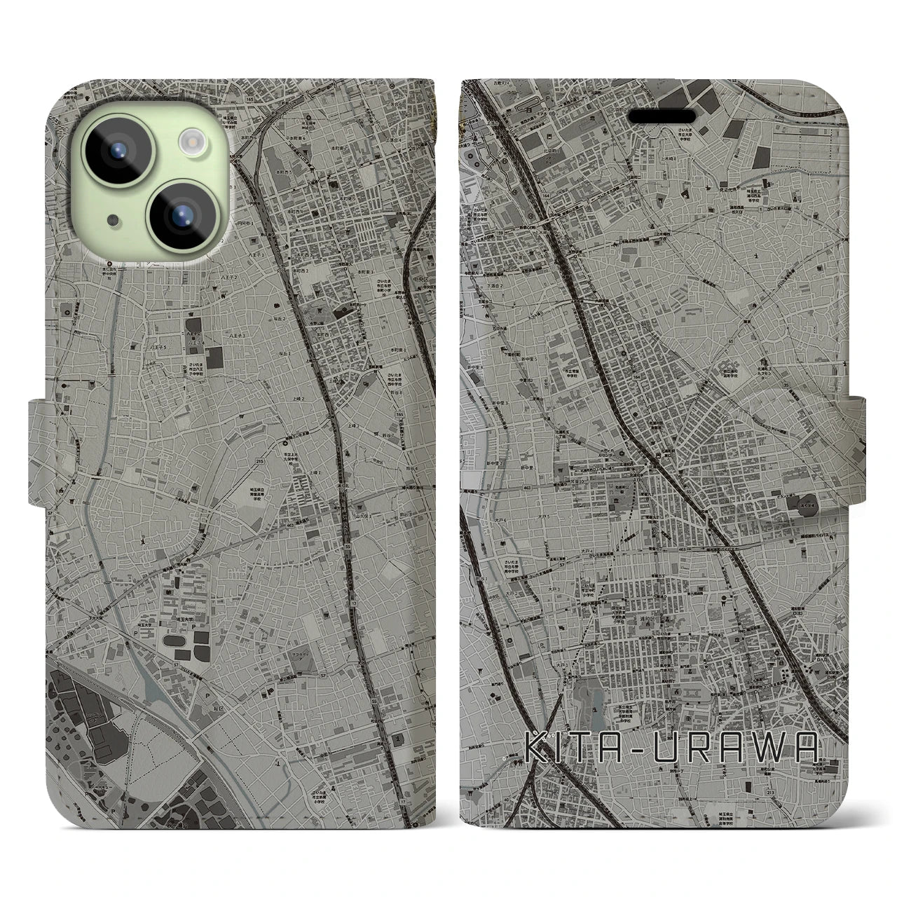 【北浦和(埼玉県)】地図柄iPhoneケース(手帳タイプ)モノトーン・iPhone 15 用