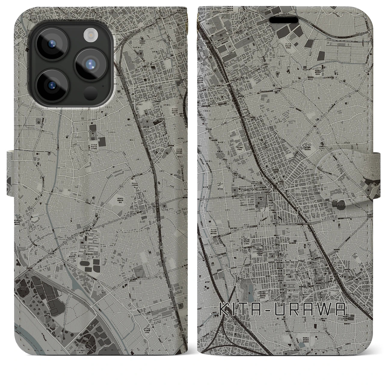 【北浦和(埼玉県)】地図柄iPhoneケース(手帳タイプ)モノトーン・iPhone 15 Pro Max 用