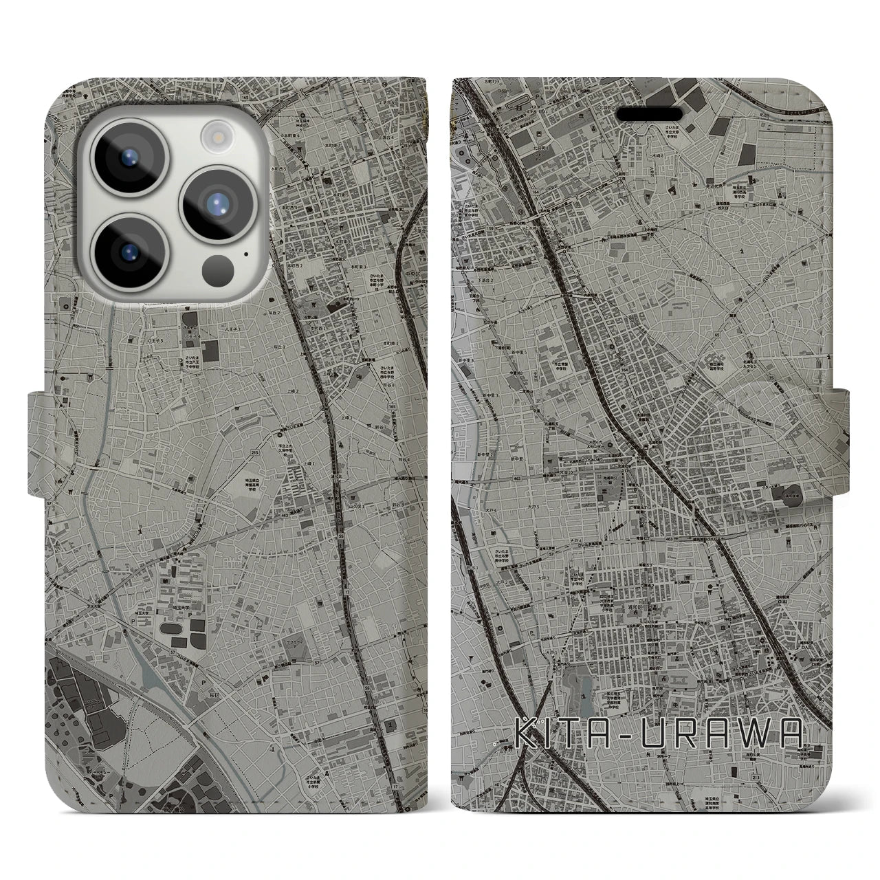 【北浦和(埼玉県)】地図柄iPhoneケース(手帳タイプ)モノトーン・iPhone 15 Pro 用