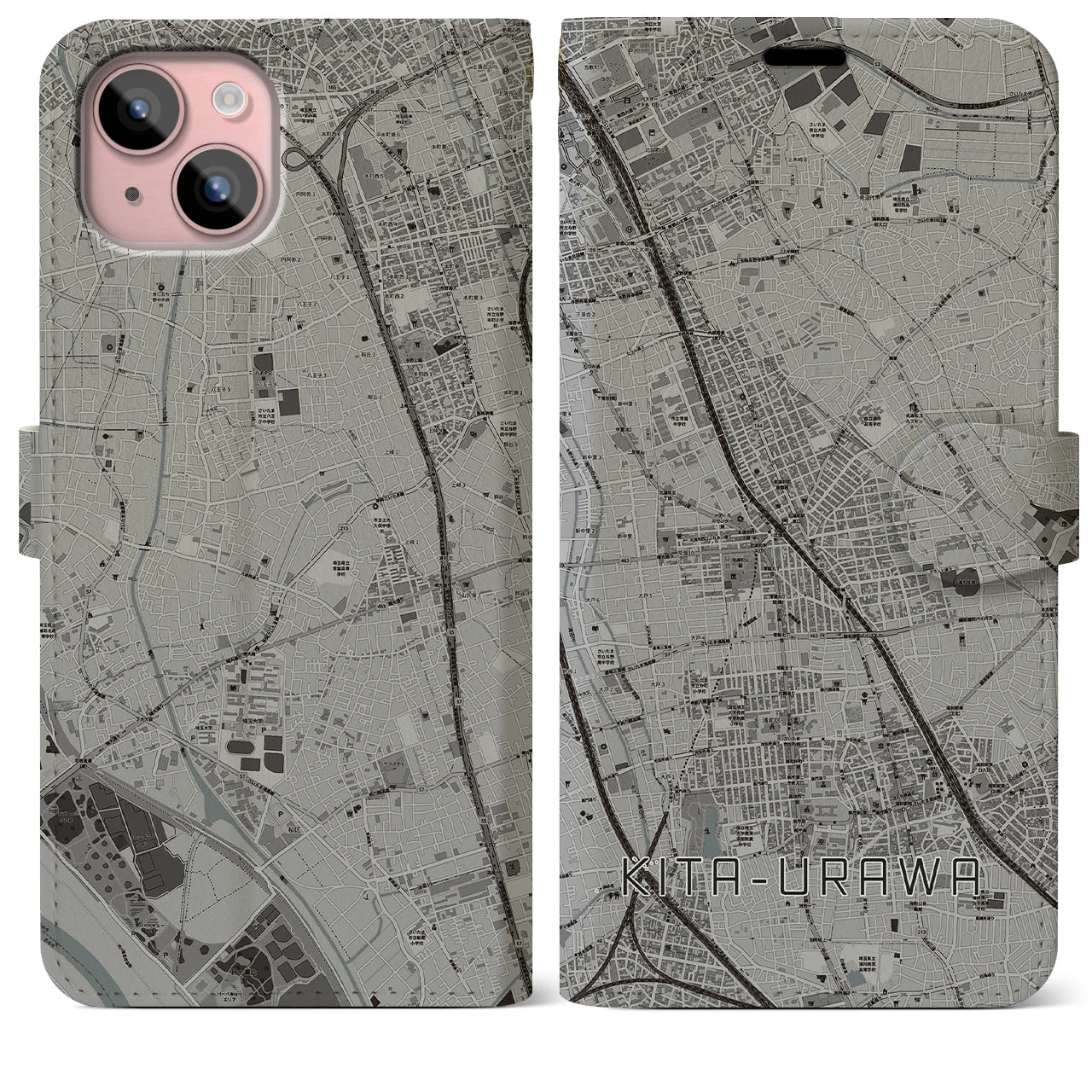 【北浦和(埼玉県)】地図柄iPhoneケース(手帳タイプ)モノトーン・iPhone 15 Plus 用