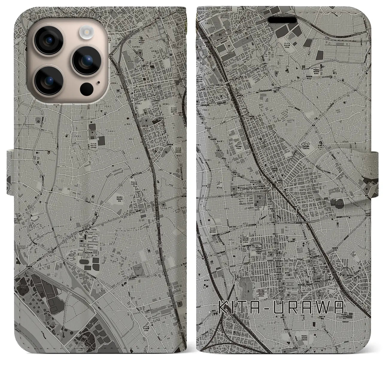 【北浦和(埼玉県)】地図柄iPhoneケース(手帳タイプ)モノトーン・iPhone 16 Plus 用