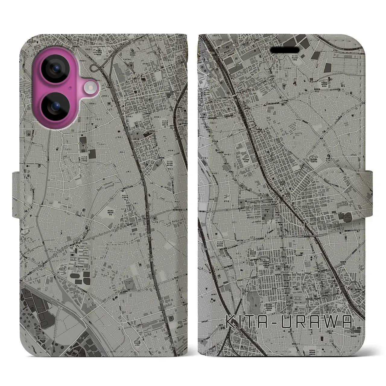 【北浦和(埼玉県)】地図柄iPhoneケース(手帳タイプ)モノトーン・iPhone 16 Pro 用