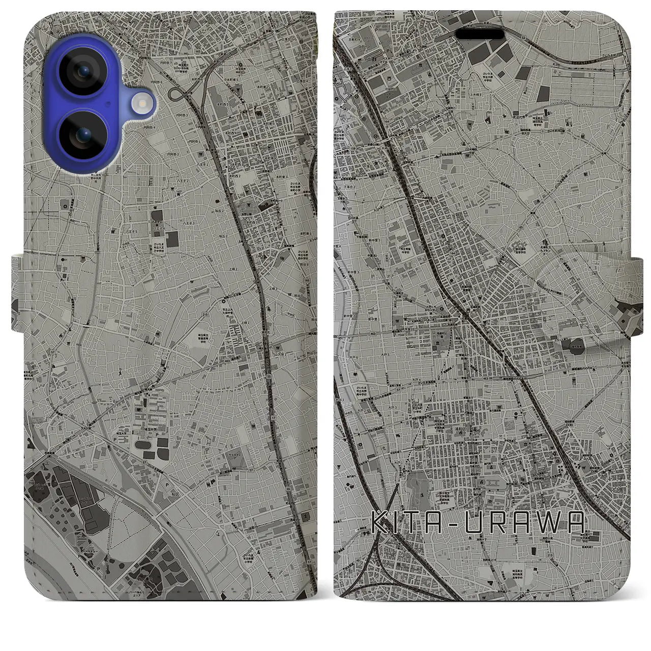 【北浦和(埼玉県)】地図柄iPhoneケース(手帳タイプ)モノトーン・iPhone 16 Pro Max 用