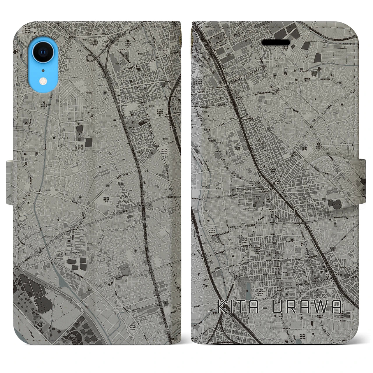 【北浦和(埼玉県)】地図柄iPhoneケース(手帳タイプ)モノトーン・iPhone XR 用