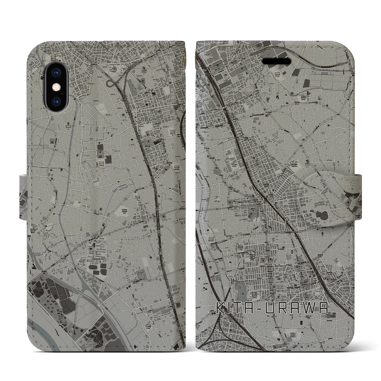 【北浦和(埼玉県)】地図柄iPhoneケース(手帳タイプ)モノトーン・iPhone XS / X 用