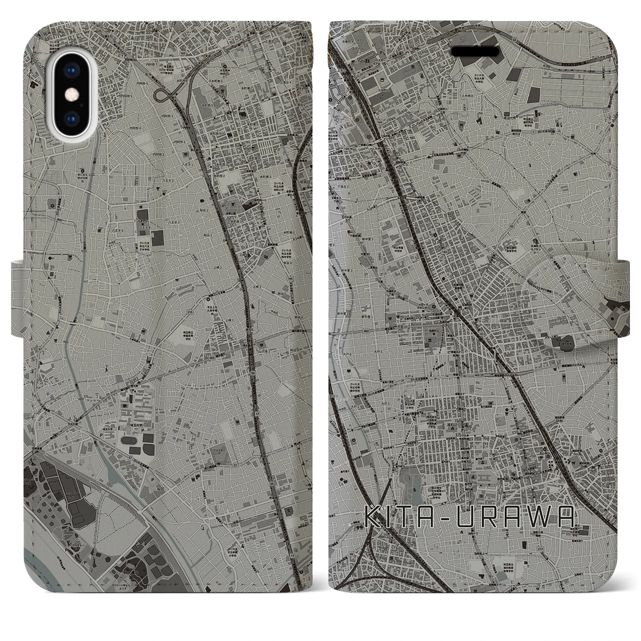 【北浦和(埼玉県)】地図柄iPhoneケース(手帳タイプ)モノトーン・iPhone XS Max 用