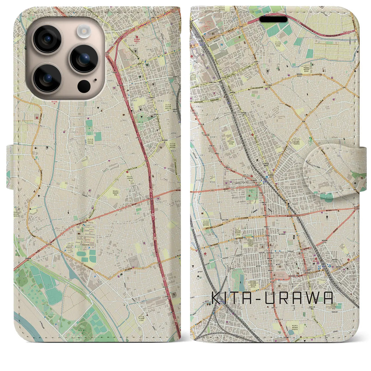 【北浦和(埼玉県)】地図柄iPhoneケース(手帳タイプ)ナチュラル・iPhone 16 Plus 用