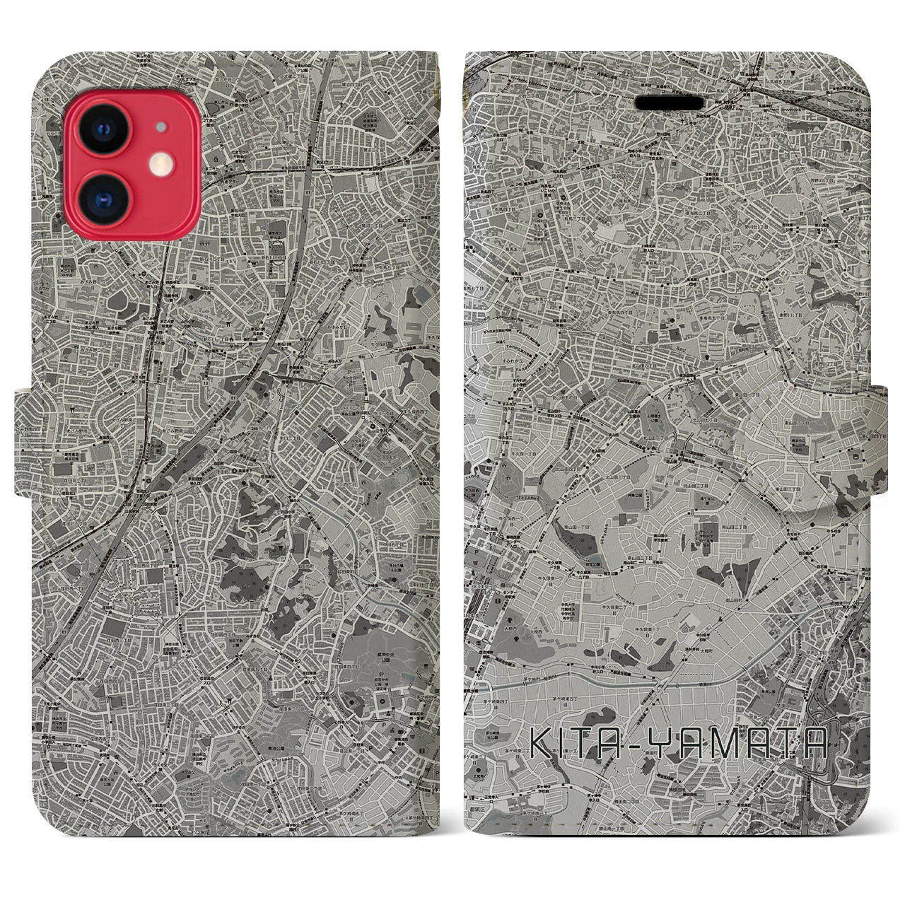 【北山田(神奈川県)】地図柄iPhoneケース(手帳タイプ)モノトーン・iPhone 11 用