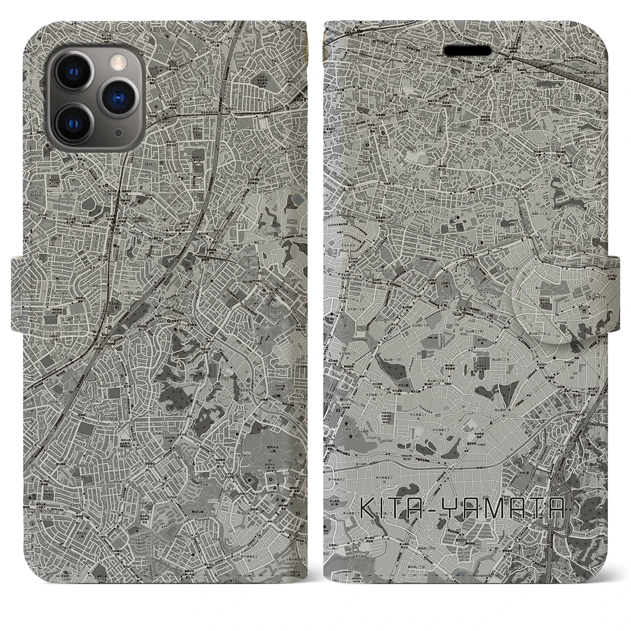 【北山田(神奈川県)】地図柄iPhoneケース(手帳タイプ)モノトーン・iPhone 11 Pro Max 用