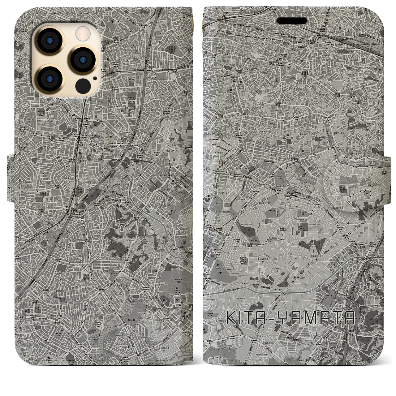 【北山田(神奈川県)】地図柄iPhoneケース(手帳タイプ)モノトーン・iPhone 12 Pro Max 用