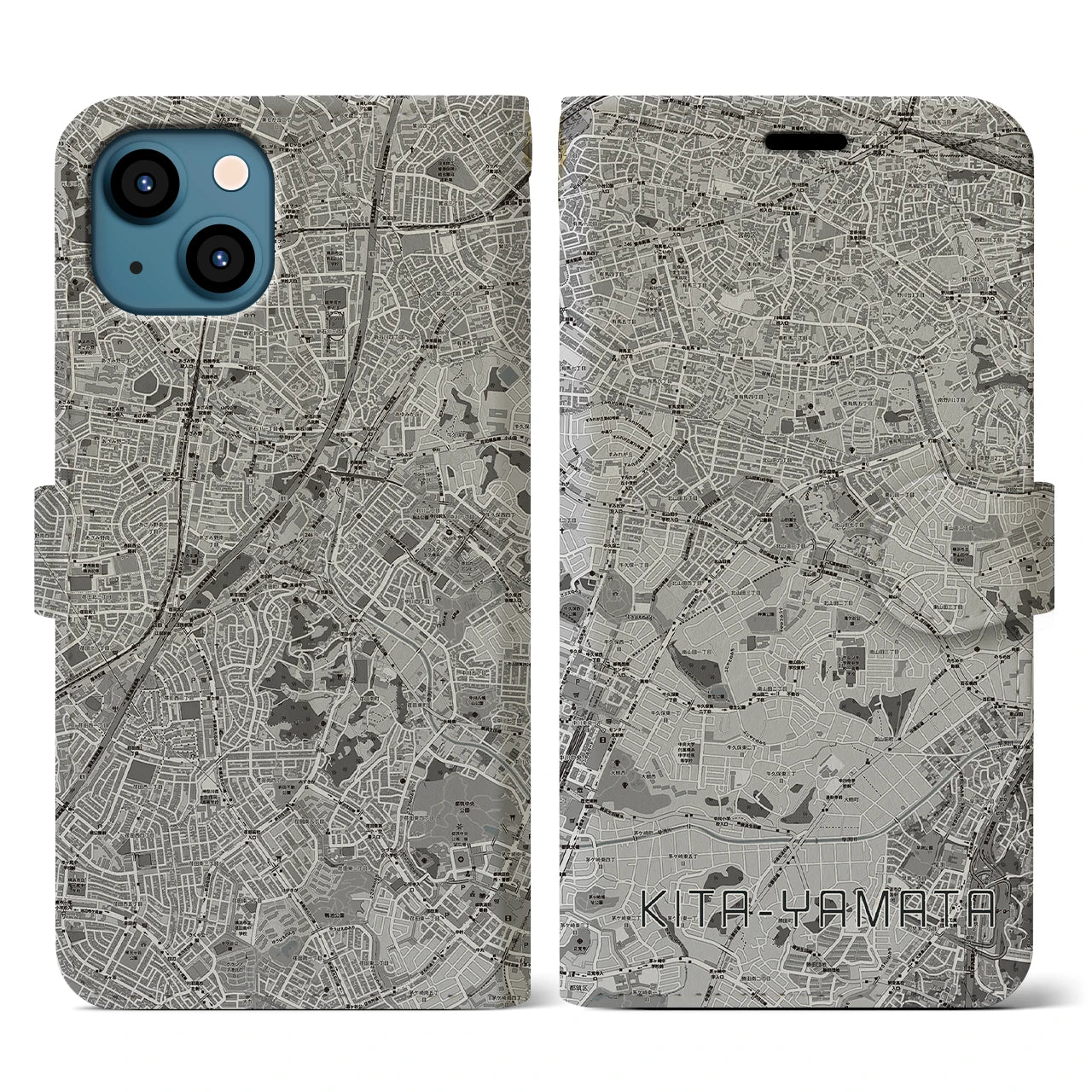 【北山田(神奈川県)】地図柄iPhoneケース(手帳タイプ)モノトーン・iPhone 13 用