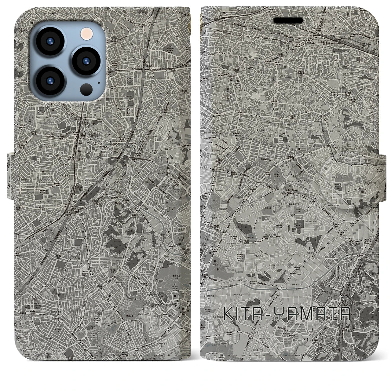 【北山田(神奈川県)】地図柄iPhoneケース(手帳タイプ)モノトーン・iPhone 13 Pro Max 用