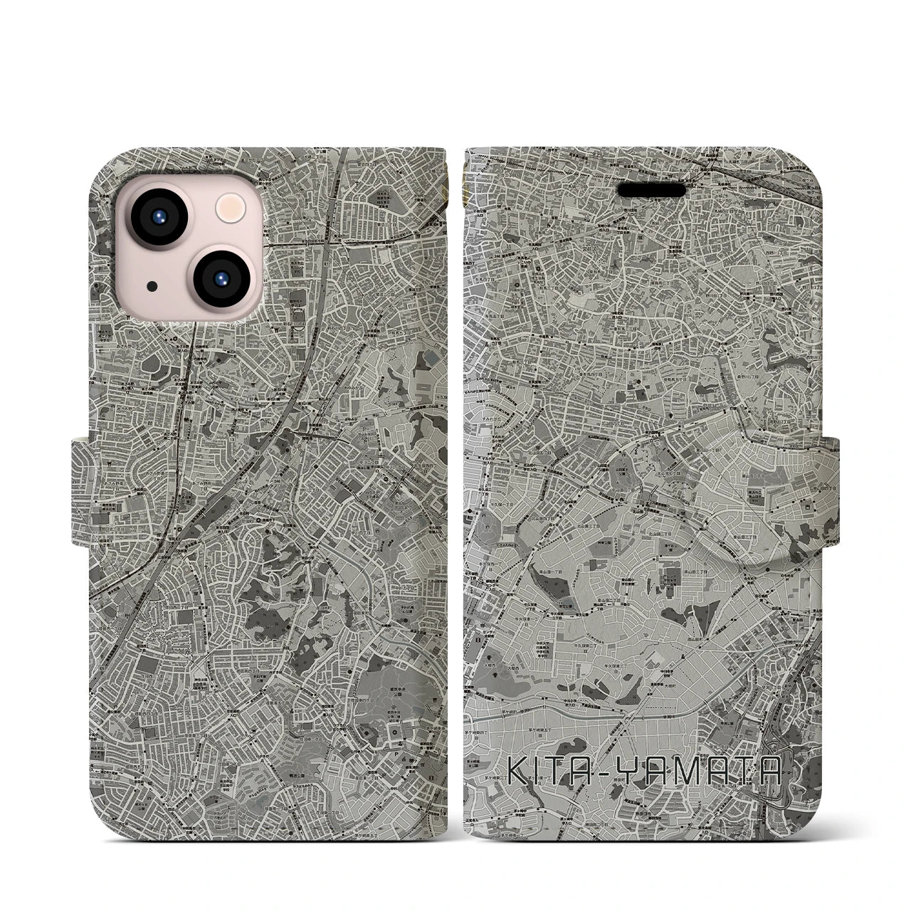 【北山田(神奈川県)】地図柄iPhoneケース(手帳タイプ)モノトーン・iPhone 13 mini 用
