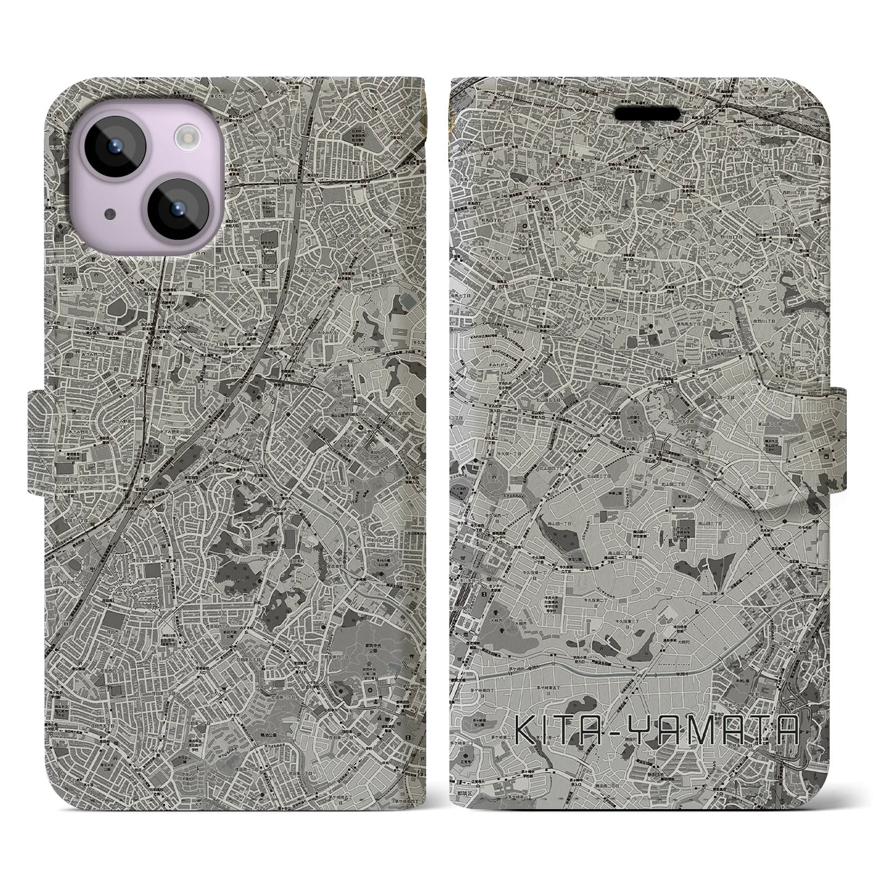 【北山田(神奈川県)】地図柄iPhoneケース(手帳タイプ)モノトーン・iPhone 14 用
