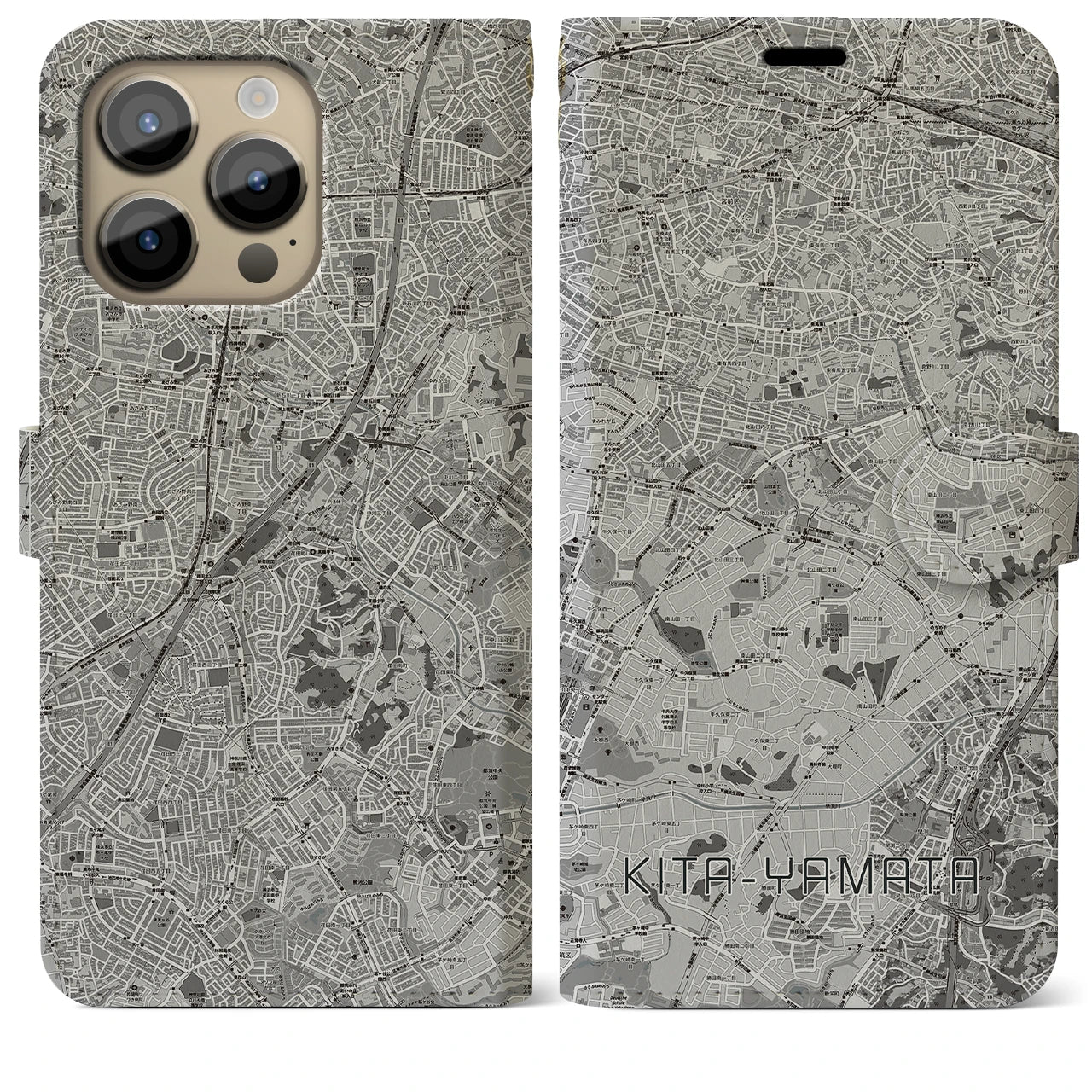 【北山田(神奈川県)】地図柄iPhoneケース(手帳タイプ)モノトーン・iPhone 14 Pro Max 用
