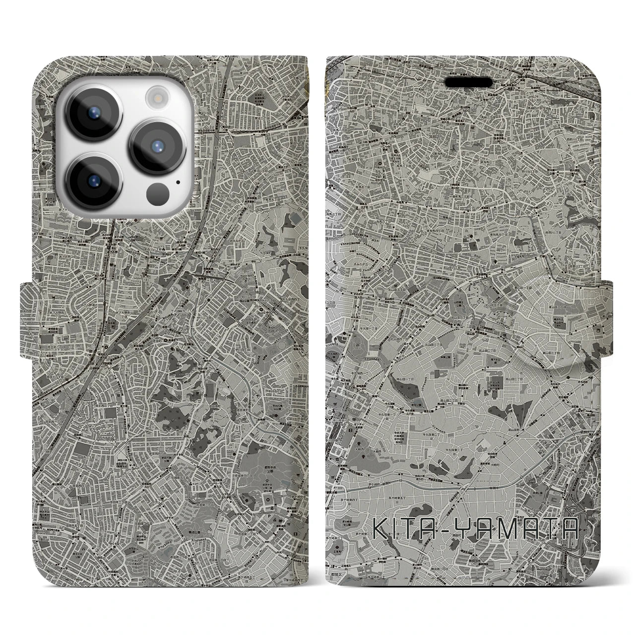 【北山田(神奈川県)】地図柄iPhoneケース(手帳タイプ)モノトーン・iPhone 14 Pro 用