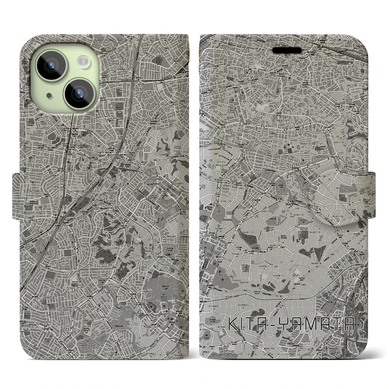【北山田(神奈川県)】地図柄iPhoneケース(手帳タイプ)モノトーン・iPhone 15 用