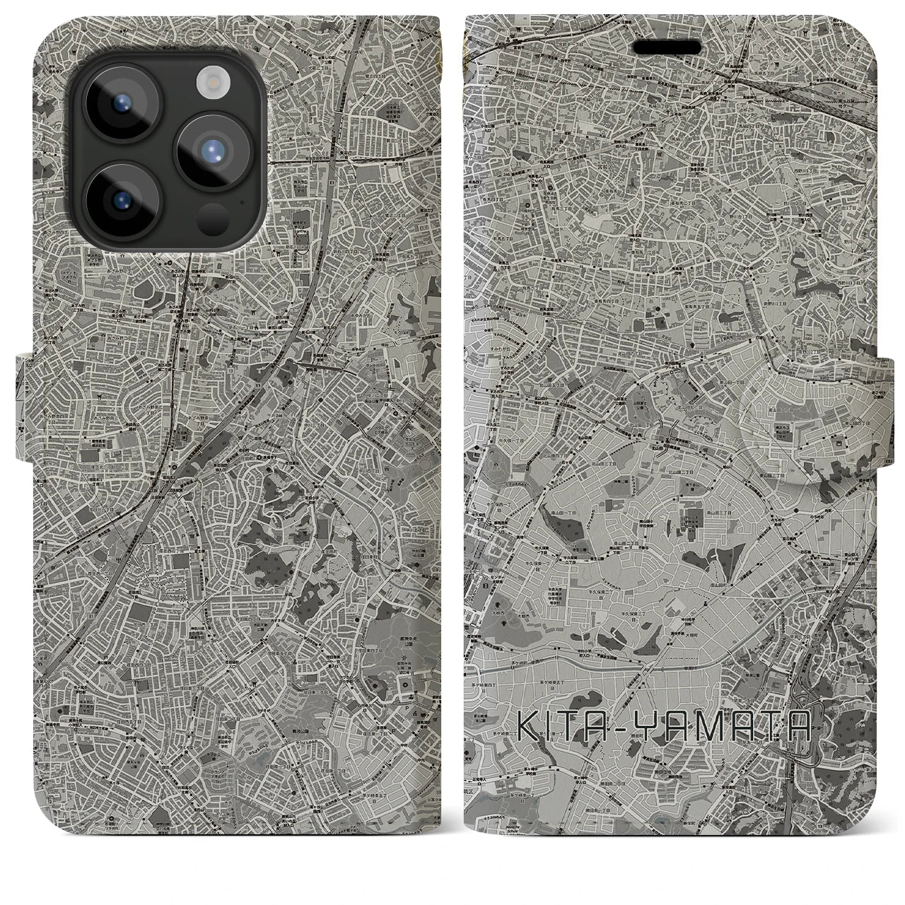 【北山田(神奈川県)】地図柄iPhoneケース(手帳タイプ)モノトーン・iPhone 15 Pro Max 用