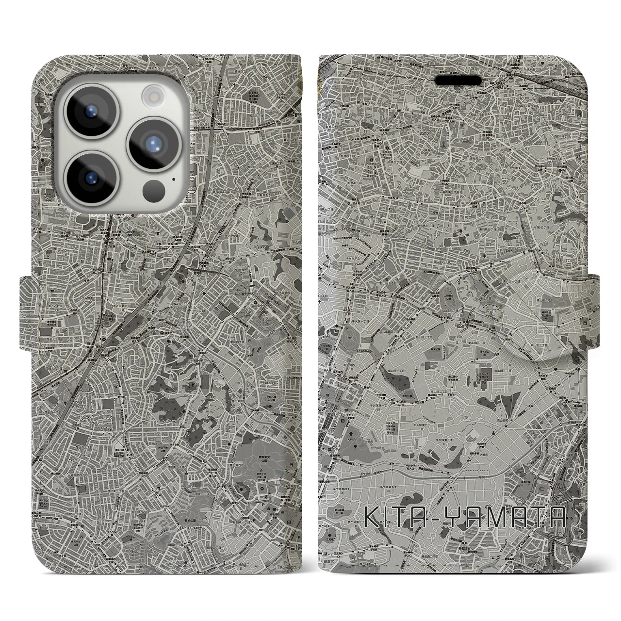 【北山田(神奈川県)】地図柄iPhoneケース(手帳タイプ)モノトーン・iPhone 15 Pro 用