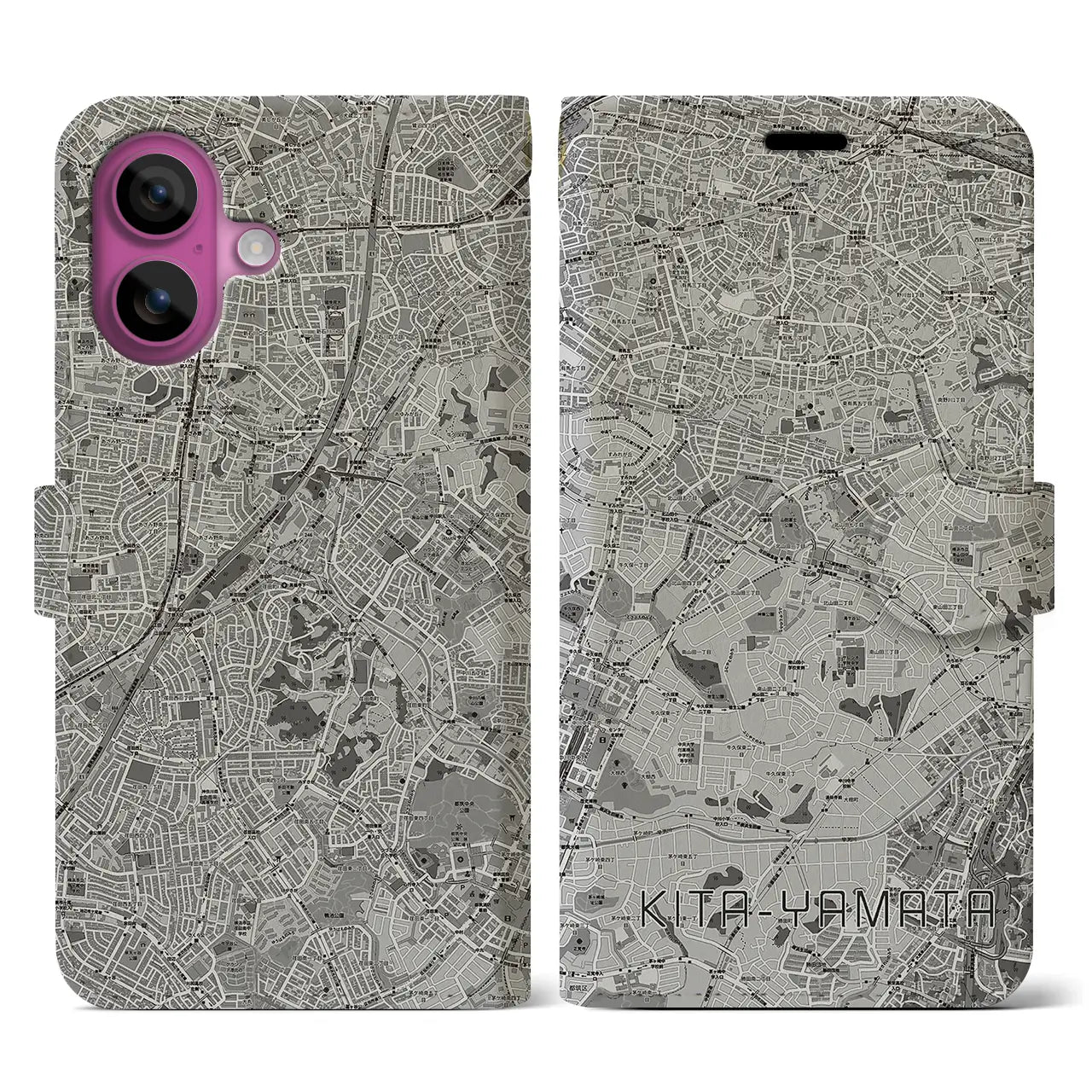 【北山田(神奈川県)】地図柄iPhoneケース(手帳タイプ)モノトーン・iPhone 16 Pro 用