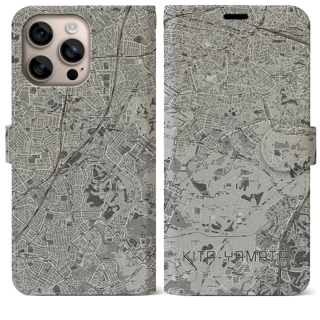 【北山田(神奈川県)】地図柄iPhoneケース(手帳タイプ)モノトーン・iPhone 16 Plus 用
