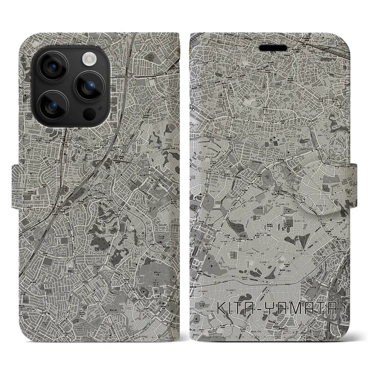 【北山田(神奈川県)】地図柄iPhoneケース(手帳タイプ)モノトーン・iPhone 16 用