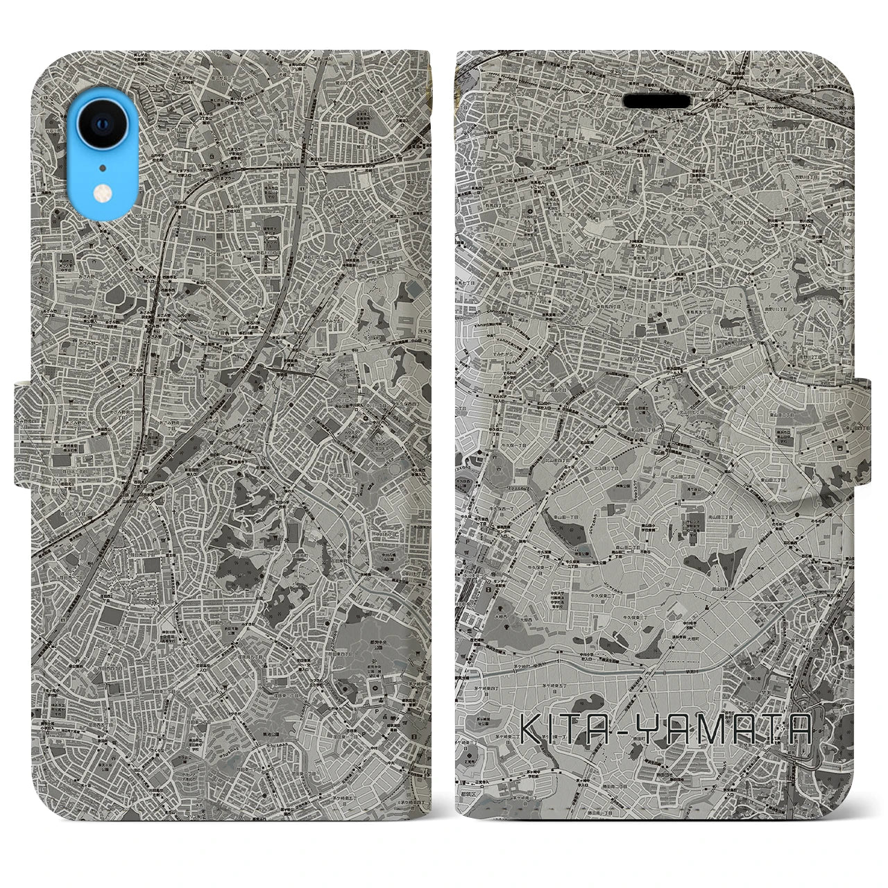 【北山田(神奈川県)】地図柄iPhoneケース(手帳タイプ)モノトーン・iPhone XR 用