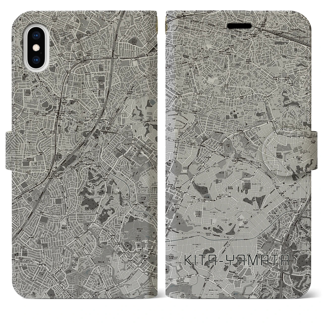 【北山田(神奈川県)】地図柄iPhoneケース(手帳タイプ)モノトーン・iPhone XS Max 用