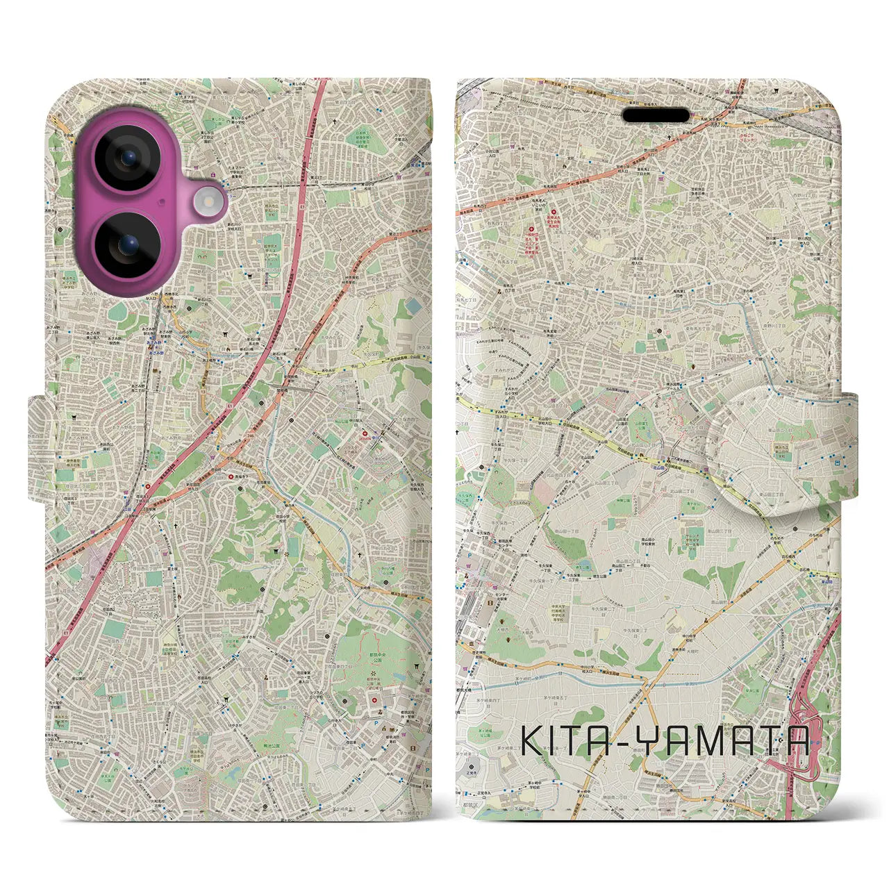 【北山田(神奈川県)】地図柄iPhoneケース(手帳タイプ)ナチュラル・iPhone 16 Pro 用