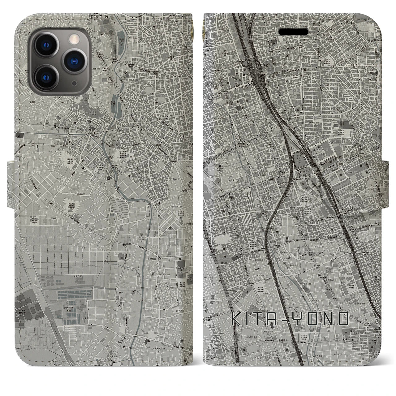 【北与野(埼玉県)】地図柄iPhoneケース(手帳タイプ)モノトーン・iPhone 11 Pro Max 用