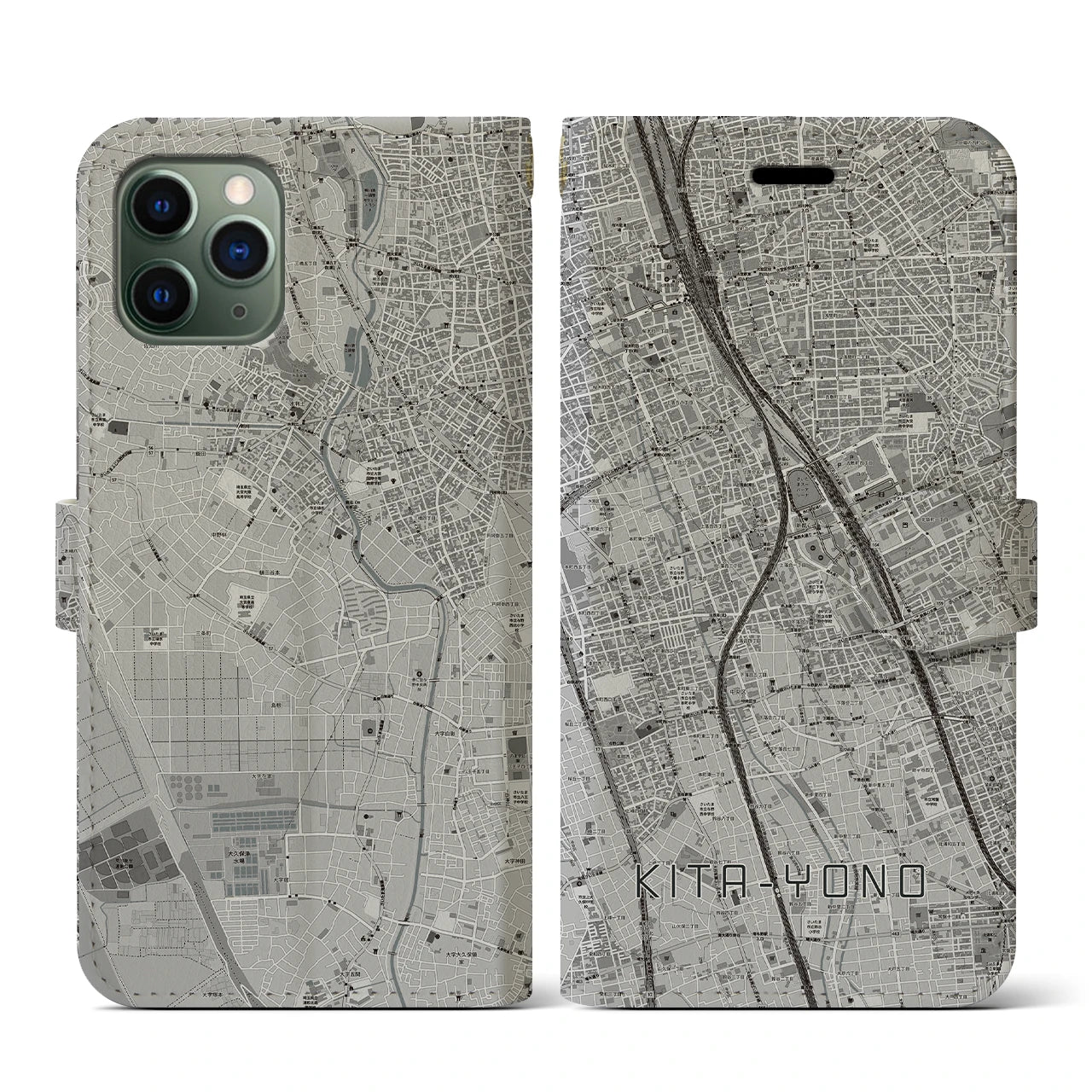 【北与野(埼玉県)】地図柄iPhoneケース(手帳タイプ)モノトーン・iPhone 11 Pro 用