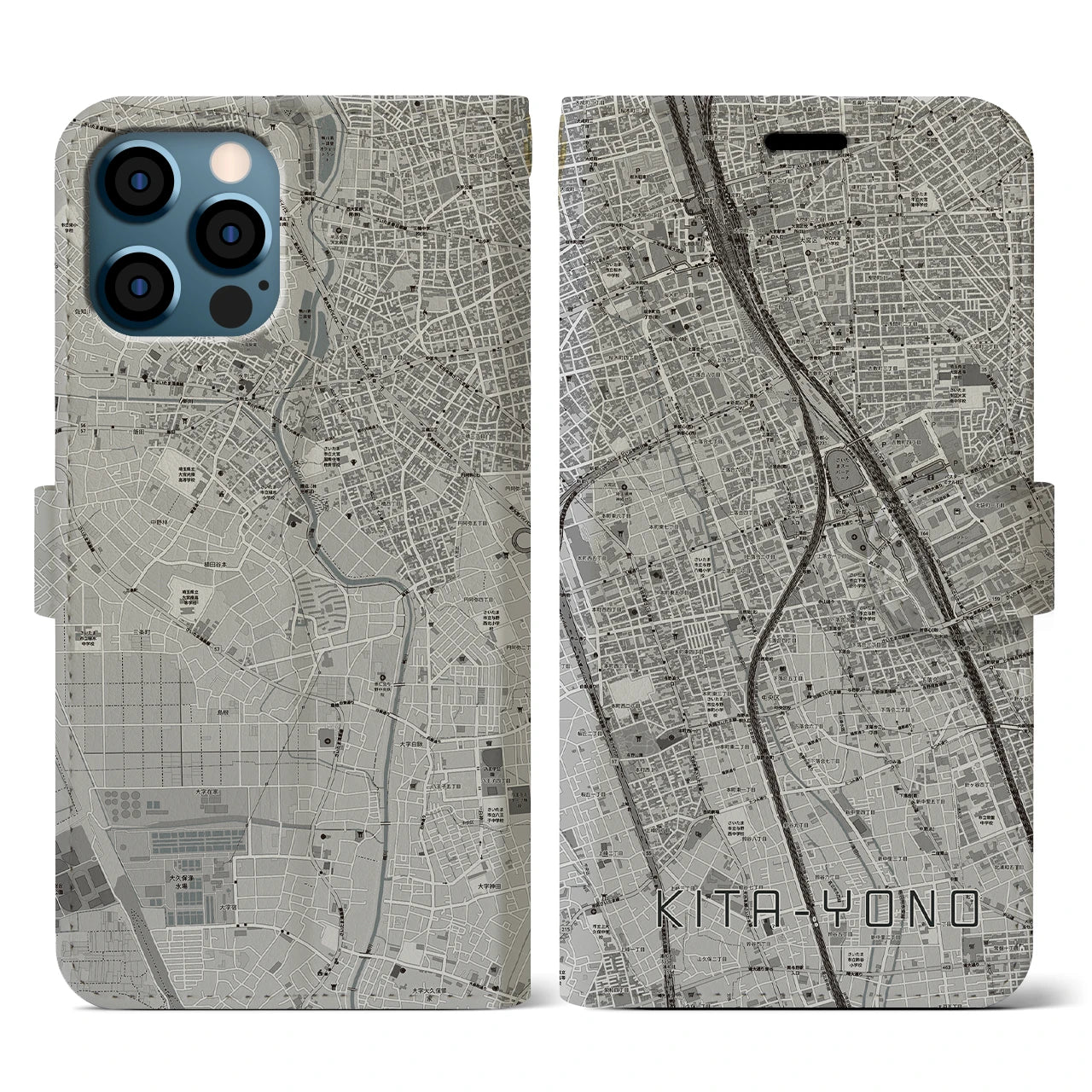 【北与野(埼玉県)】地図柄iPhoneケース(手帳タイプ)モノトーン・iPhone 12 / 12 Pro 用